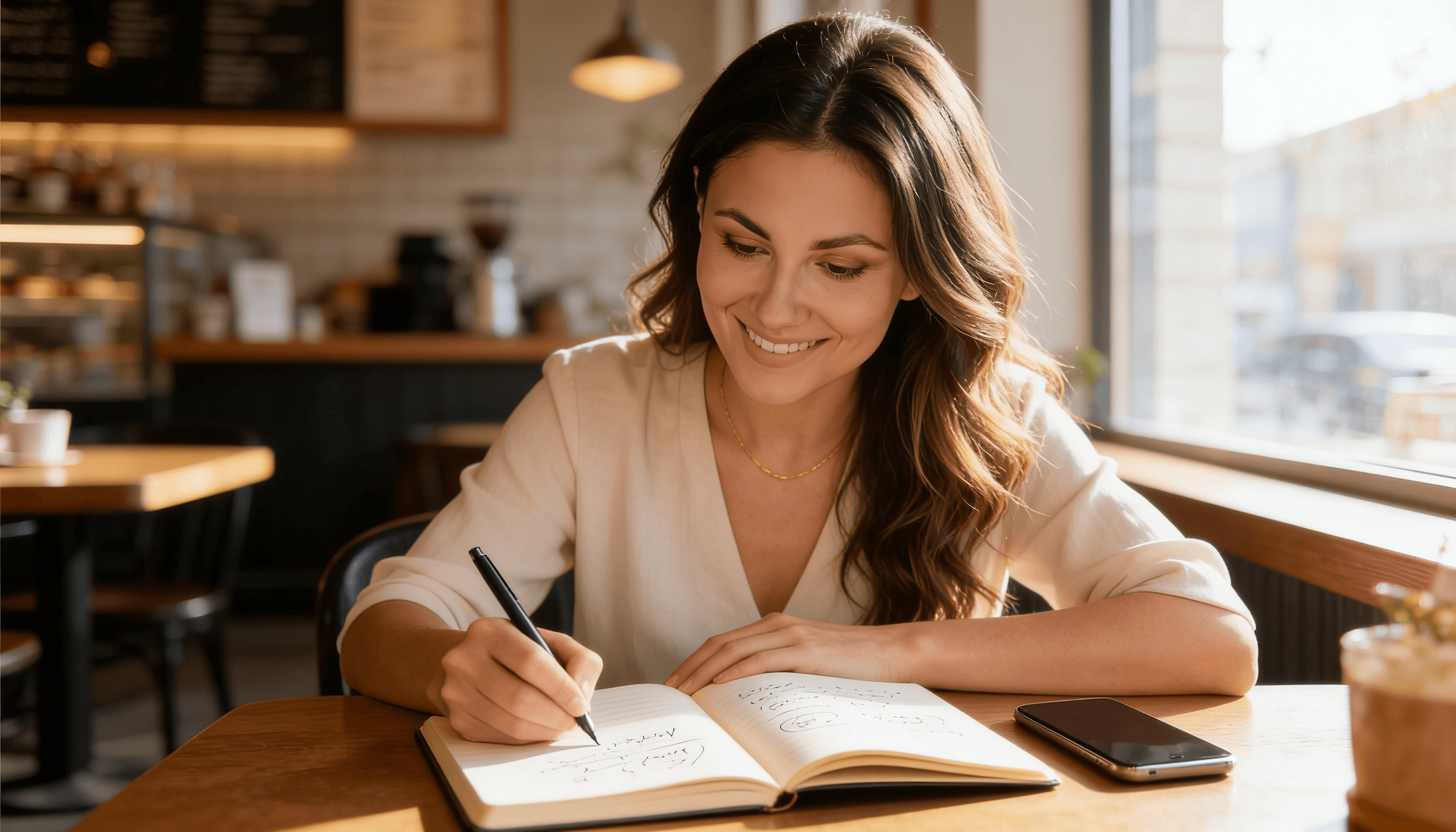 Woman taking notes in a cafe while learning crypto basics before buying her first coin