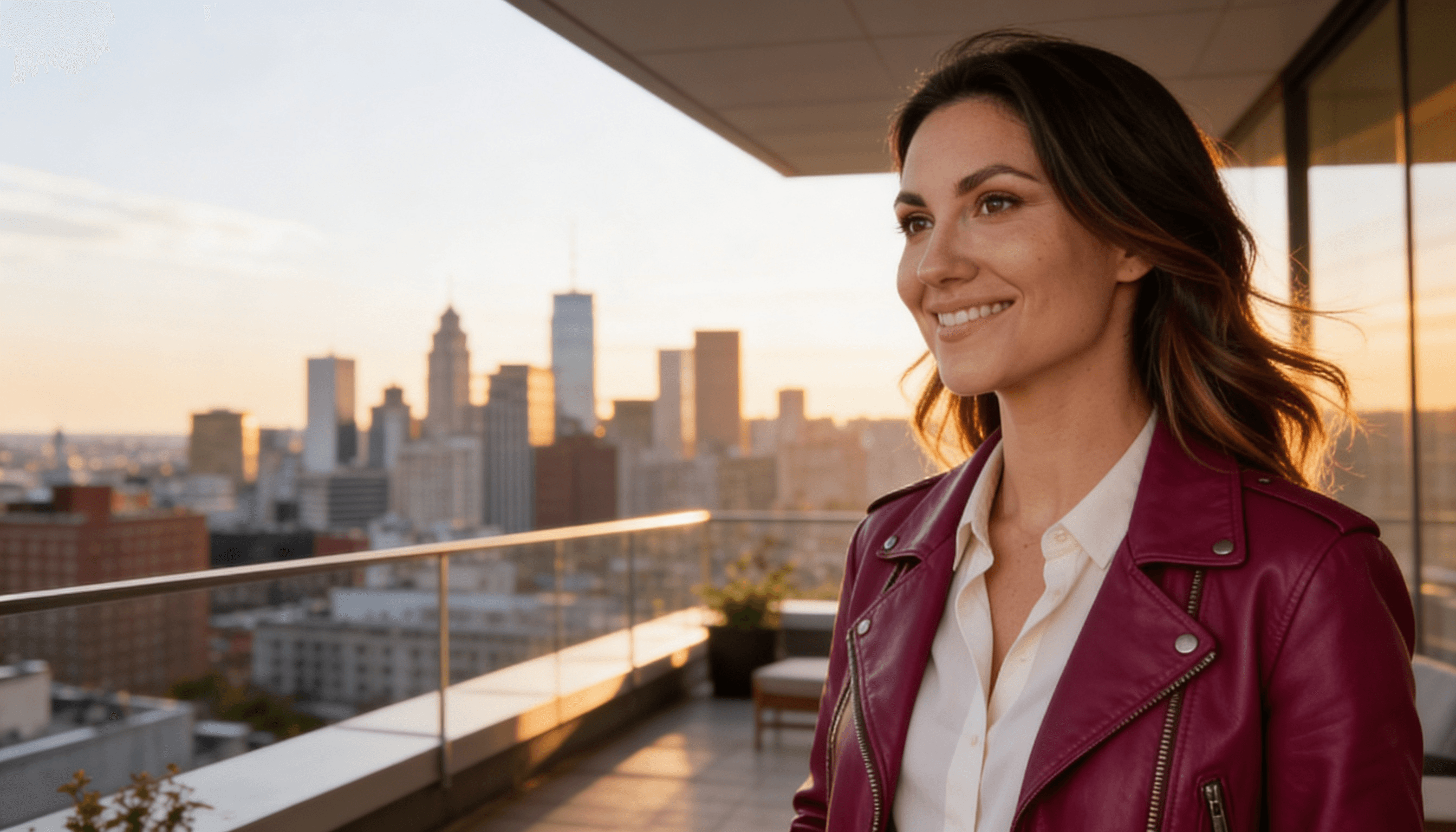 Maya on a rooftop overlooking the city