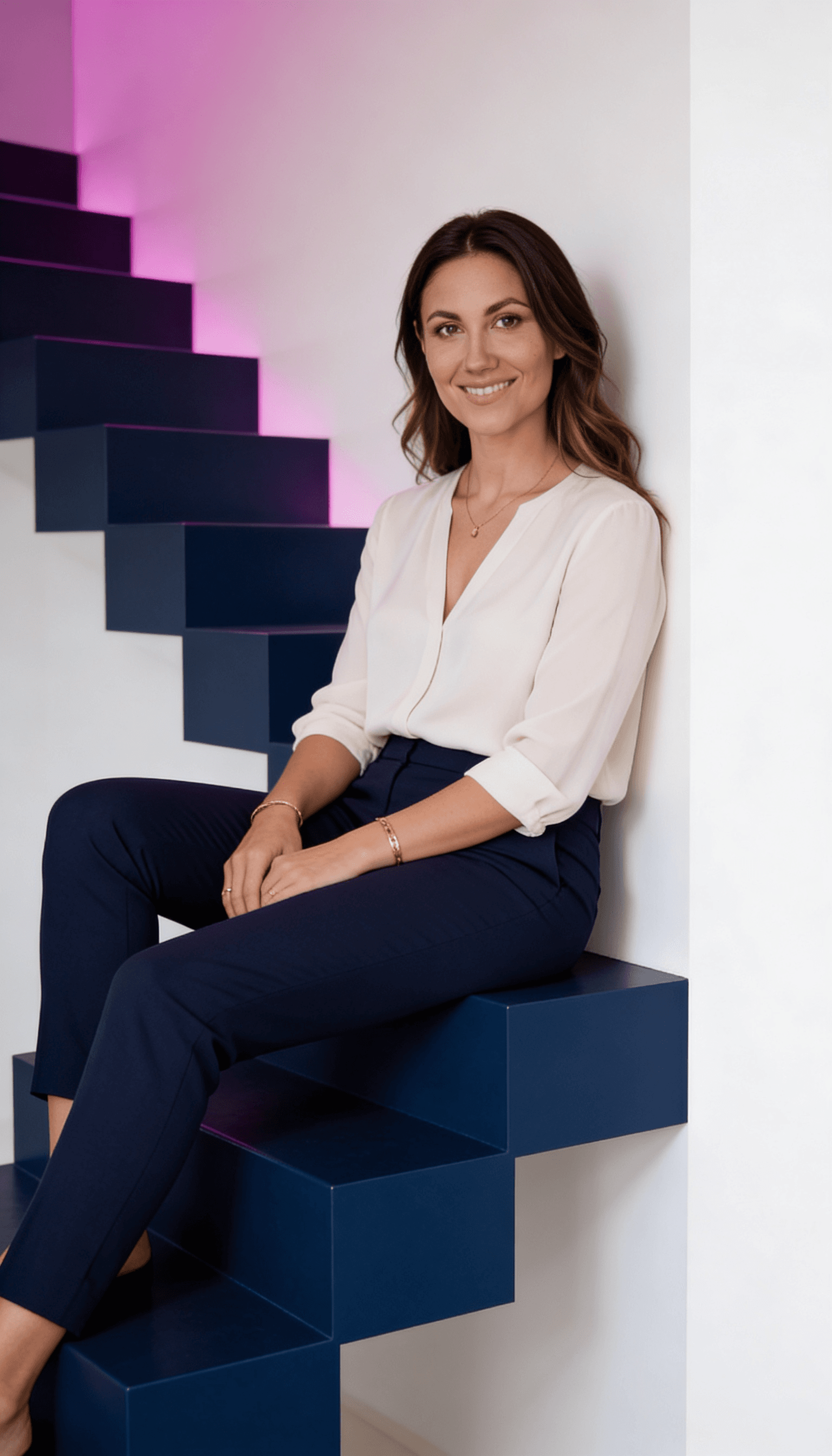 Maya seated in a minimal modern setting